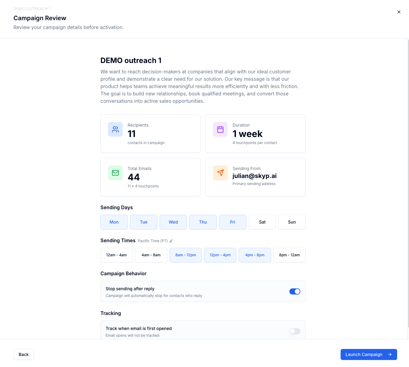 Campaign review screen highlighting edit and send controls