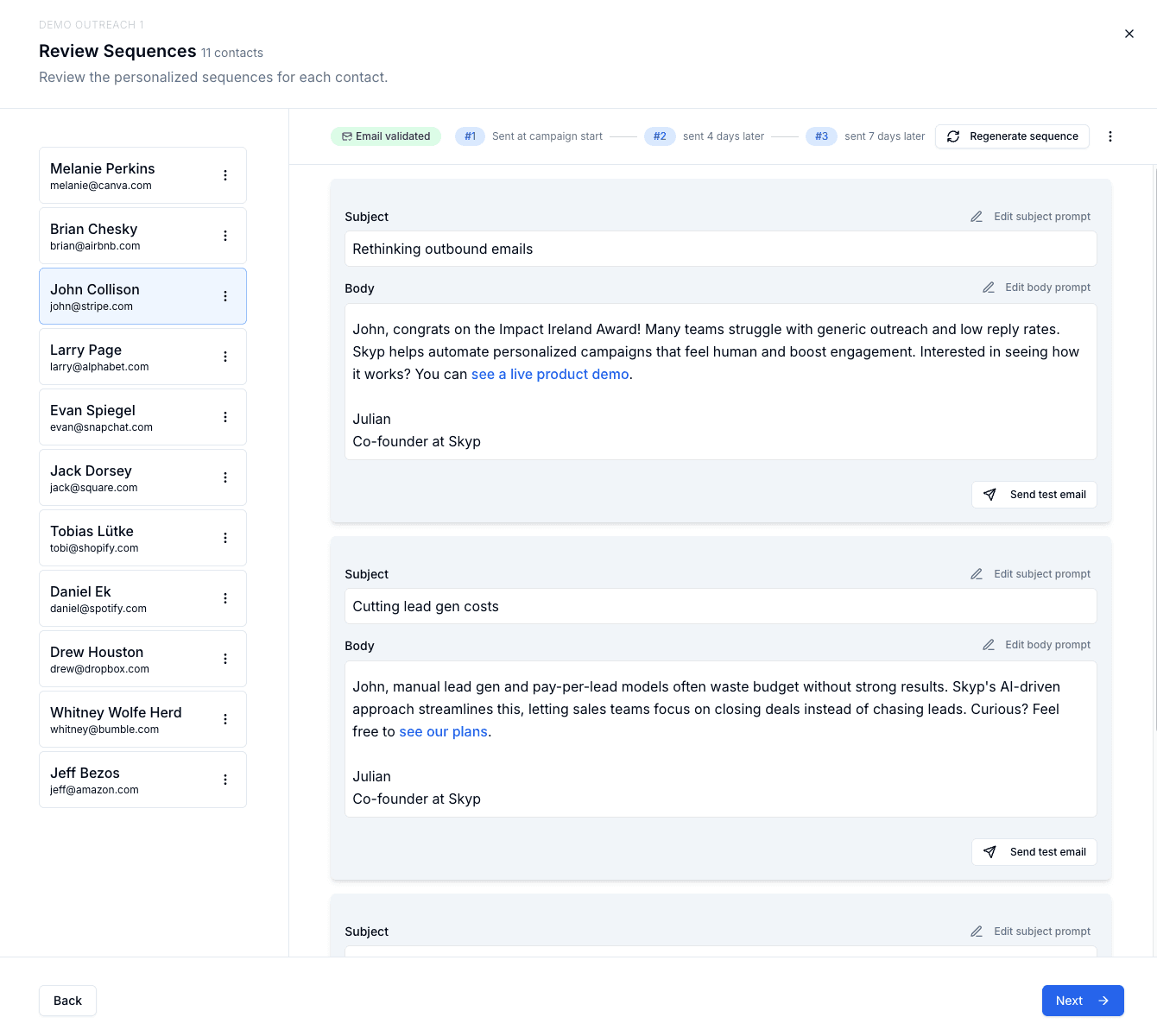 Sequence review step showing AI-written emails in Skyp