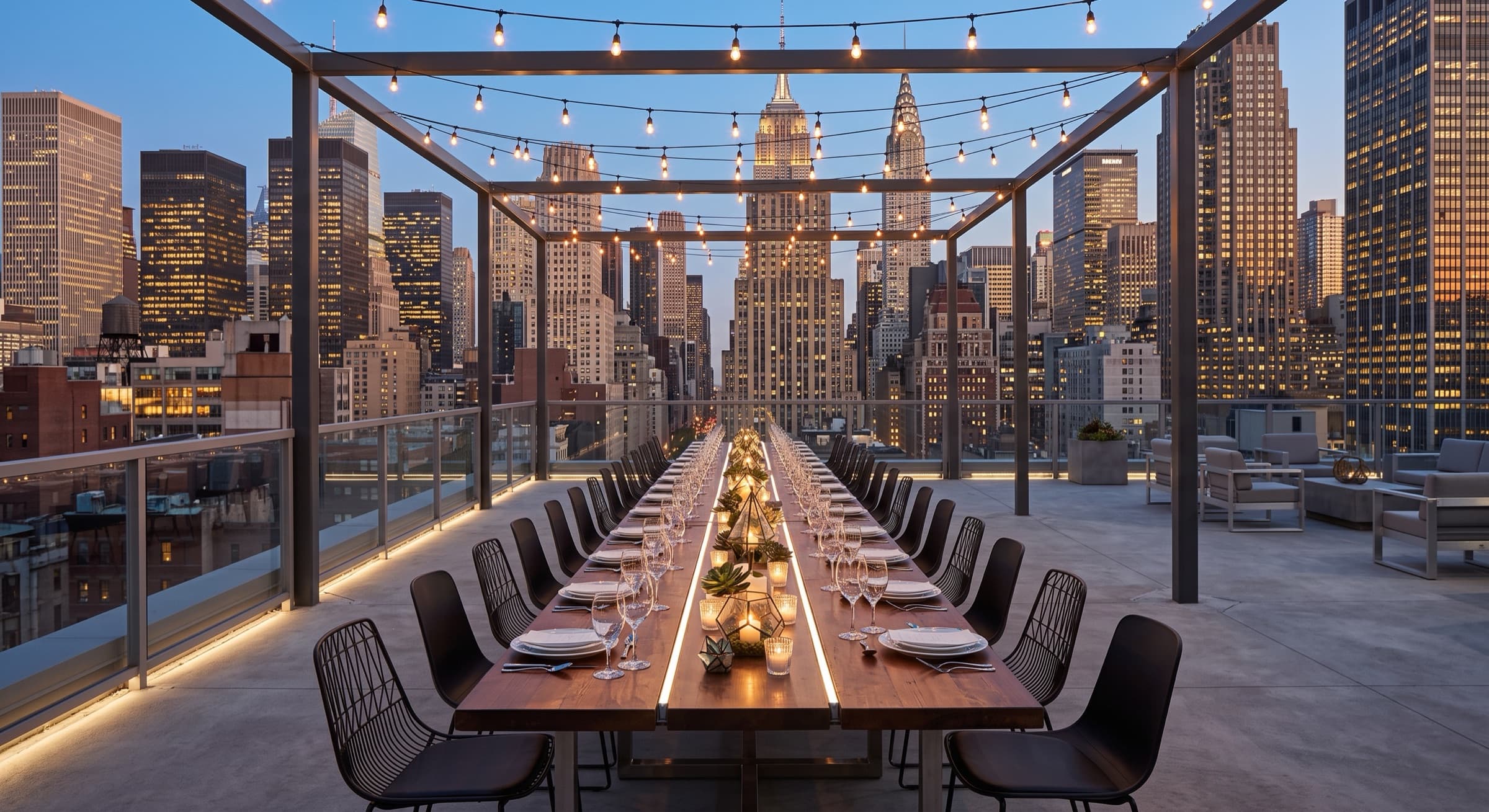 Rooftop table set for a private dinner above the city at dusk