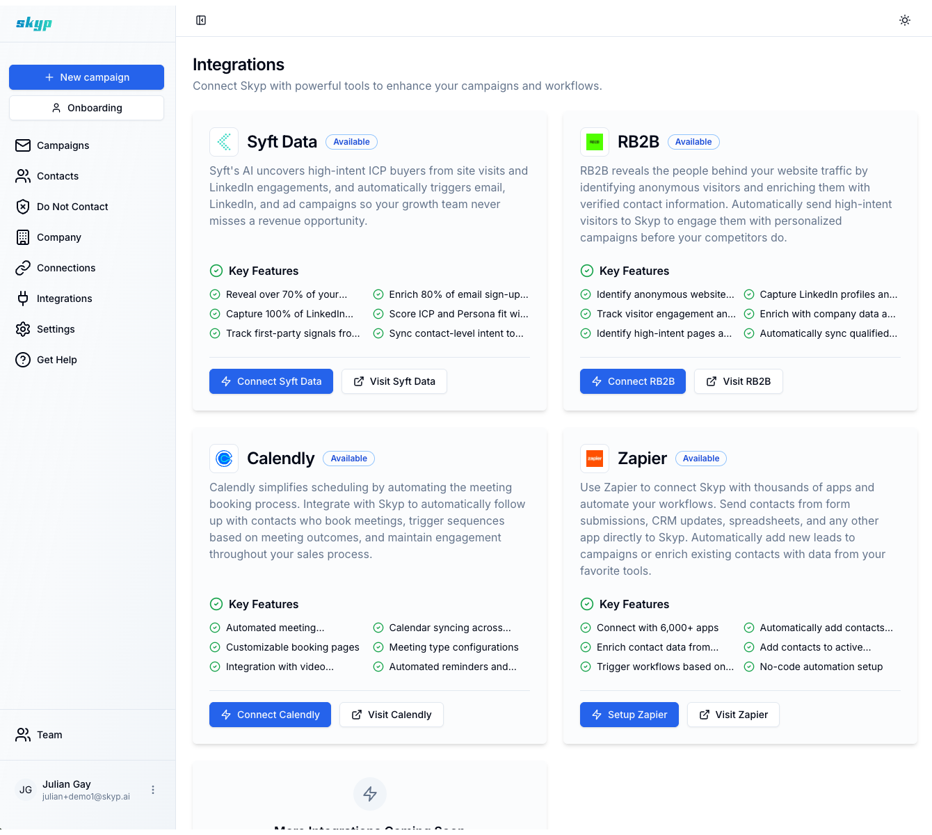 Skyp integrations interface showing CRM connections, automation workflows, and sales stack integrations